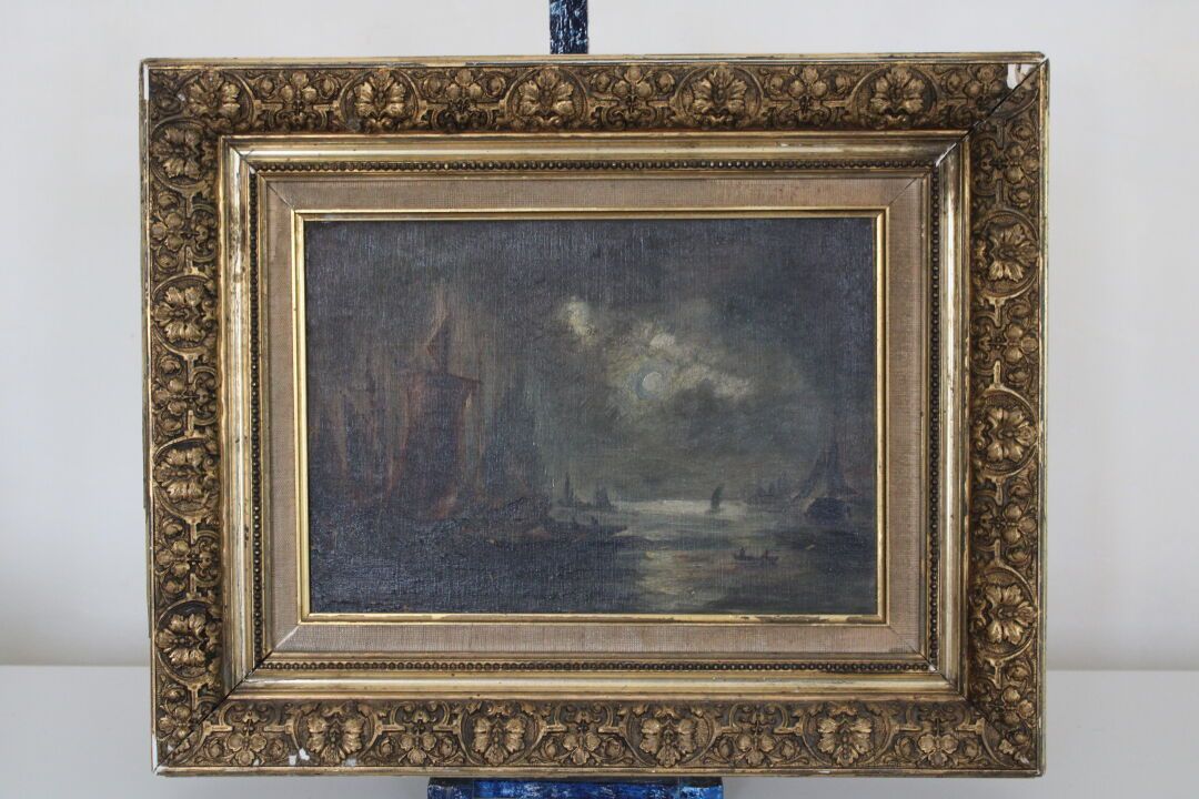 Null Scuola inglese del XIX secolo, marina al chiaro di luna, olio su tela. 21,5&hellip;