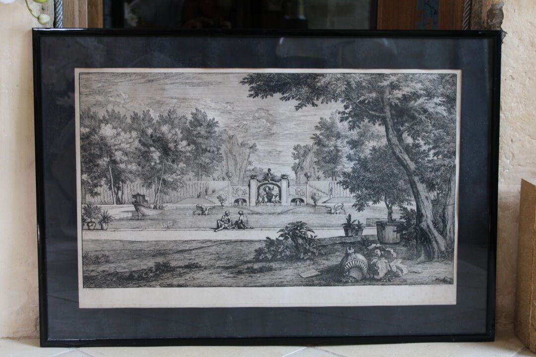 Null D'après Abraham GENOELS (1640-1723), vue d'un parc, gravure. 42 x 68 cm.
