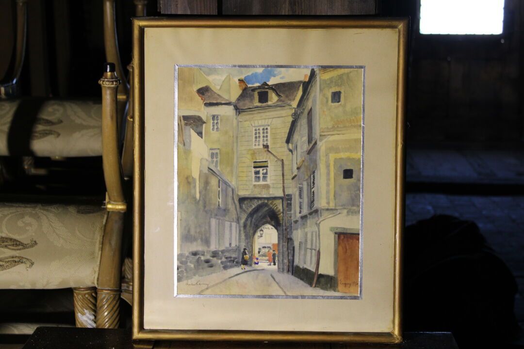Null Scuola francese 1930 circa, Veduta di una città, acquerello, firmato in bas&hellip;