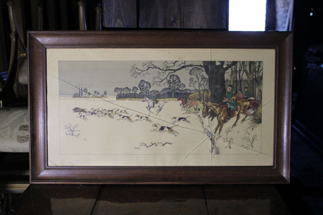 Null Harry ELIOTT (1882-1959), scène de chasse à courre, aquarelle et rehauts de&hellip;