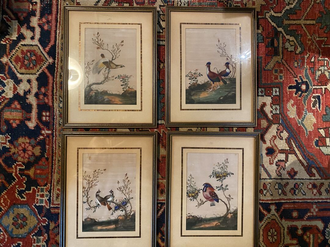 Null 中国 20世纪，丝绸上的四幅版画套件，有鸟类。24 x 16厘米（展出）。