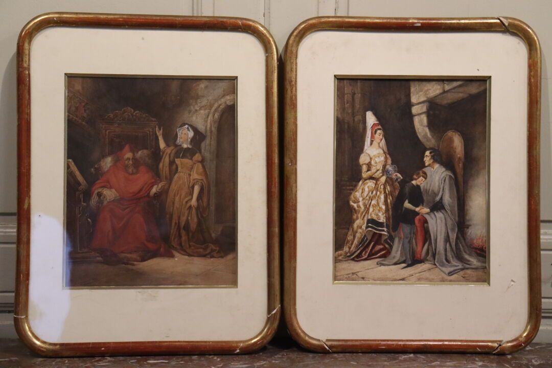 Null MAYANCOURT. Pair of medieval scenes, gouaches on paper, dated 1843, signed &hellip;