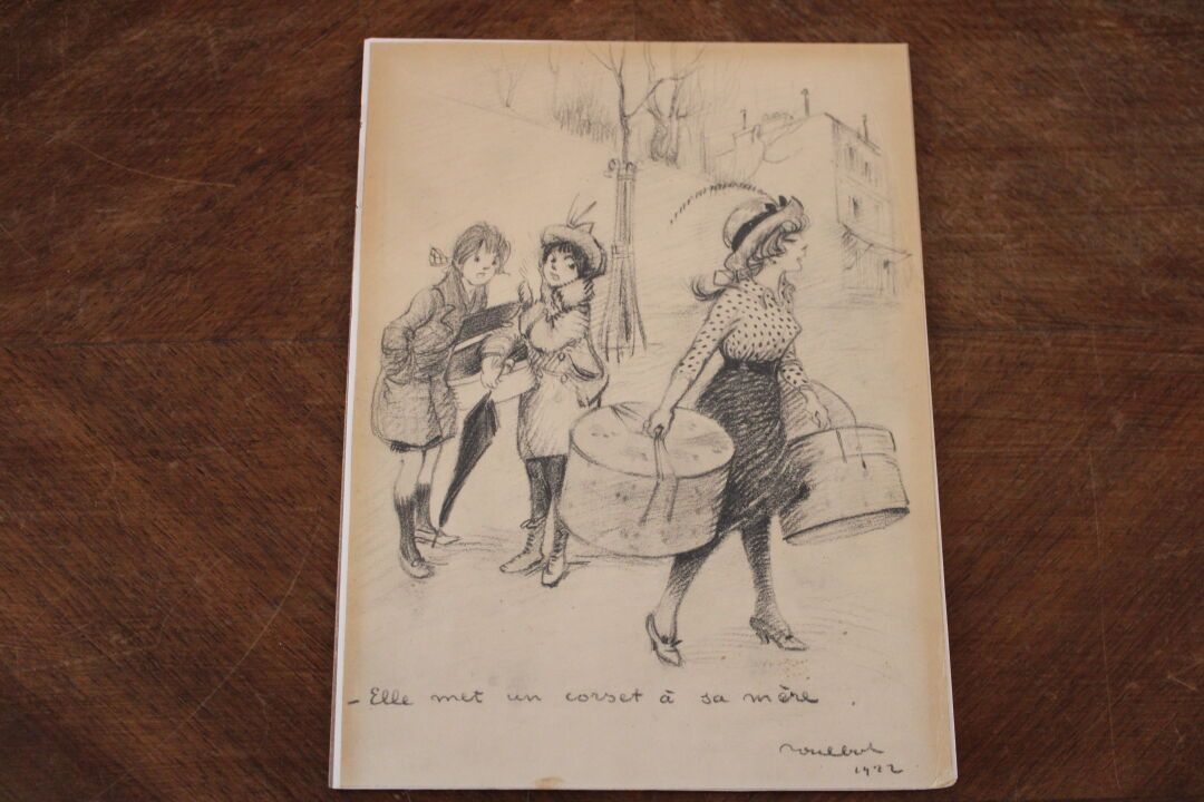 Null [POULBOT]，右下角有Poulbot签名的铅笔画石版画，"Elle met un corset à sa mère"，在玻璃下。1922年。