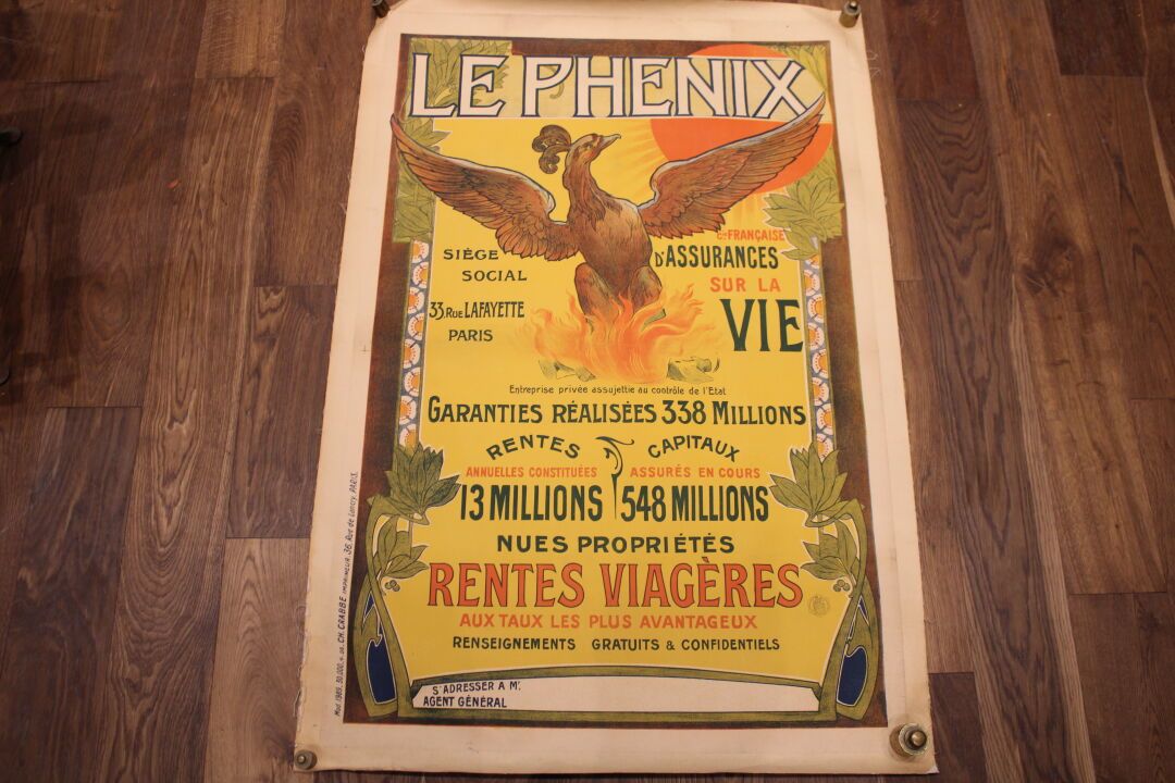 Null 原始帆布海报LE PHENIX保险公司。生命的保证。 巴黎，克拉布（Ch Crabbe）。

尺寸：113 x 77厘米。盖章的海报，状况良好。