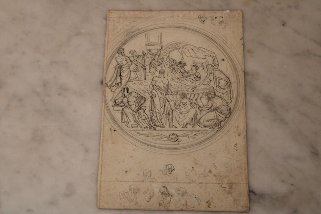 Null [佚名，床边的男人，18世纪上半叶。绘画下的面孔研究。铅和墨水在编织纸上。状况良好。23.5 x 18.5厘米。