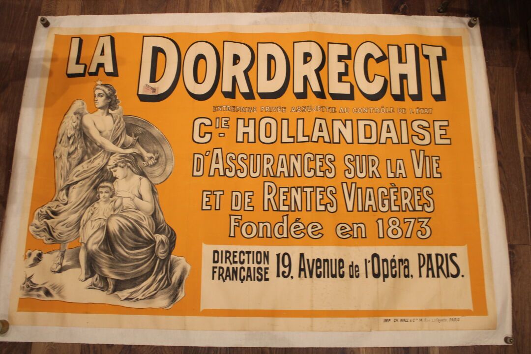 Null [海报]，原创帆布海报《多德勒支荷兰保险公司》。巴黎，Imprimerie Ch. Wall et Cie.罕见的。尺寸为99 x 145厘米。