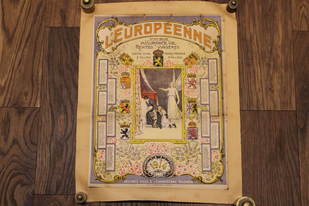 Null [海报]，原创海报比利时保险公司L'EUROPENNE。布鲁日，Lith L. Burghgraeve，1914。罕见的

尺寸：42 x 32