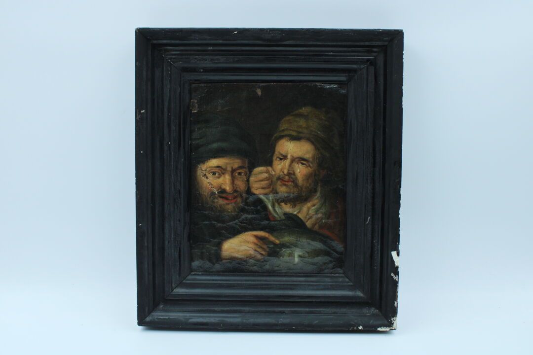 Null 以弗拉芒17世纪的品味。两个人，布面油画，安装在纸板上。尺寸：22 x 18,5厘米。事故。