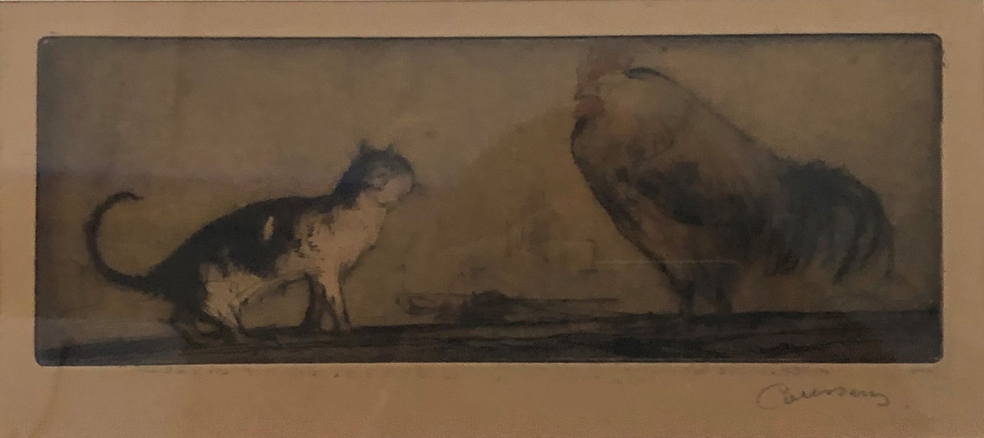 Null 阿尔芒-库森斯 (1881-1935)

猫和公鸡。

多色雕版画，右下方有签名。

10 x 23 cm

在框架下。