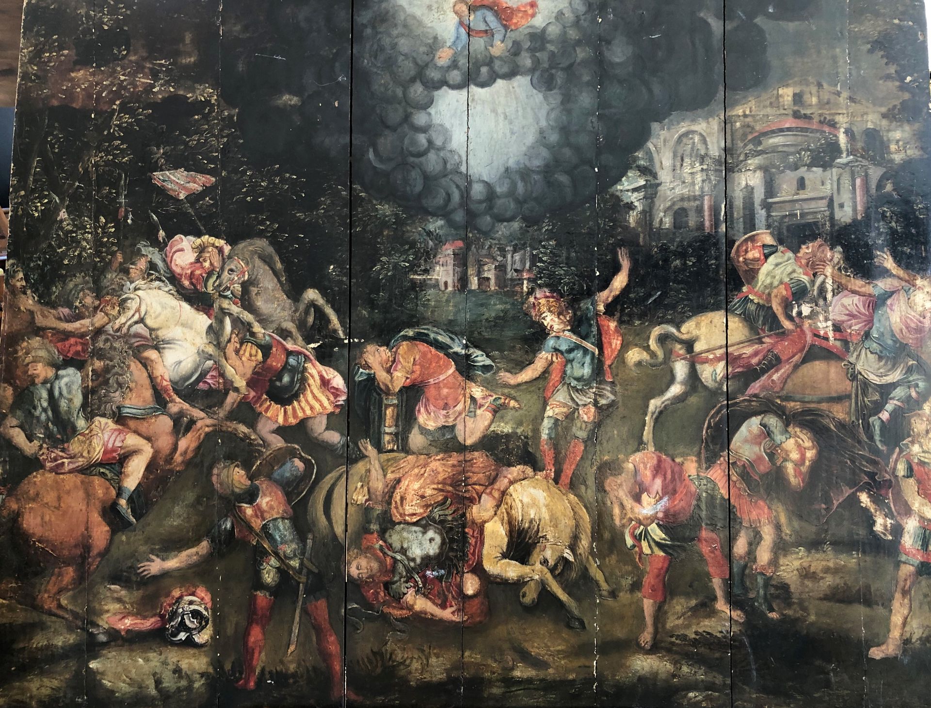 Null 意大利学校。16世纪。

圣保罗在通往大马士革的路上。

橡木板上的油画。

73 x 92 cm

恢复。

私人收藏，法国。