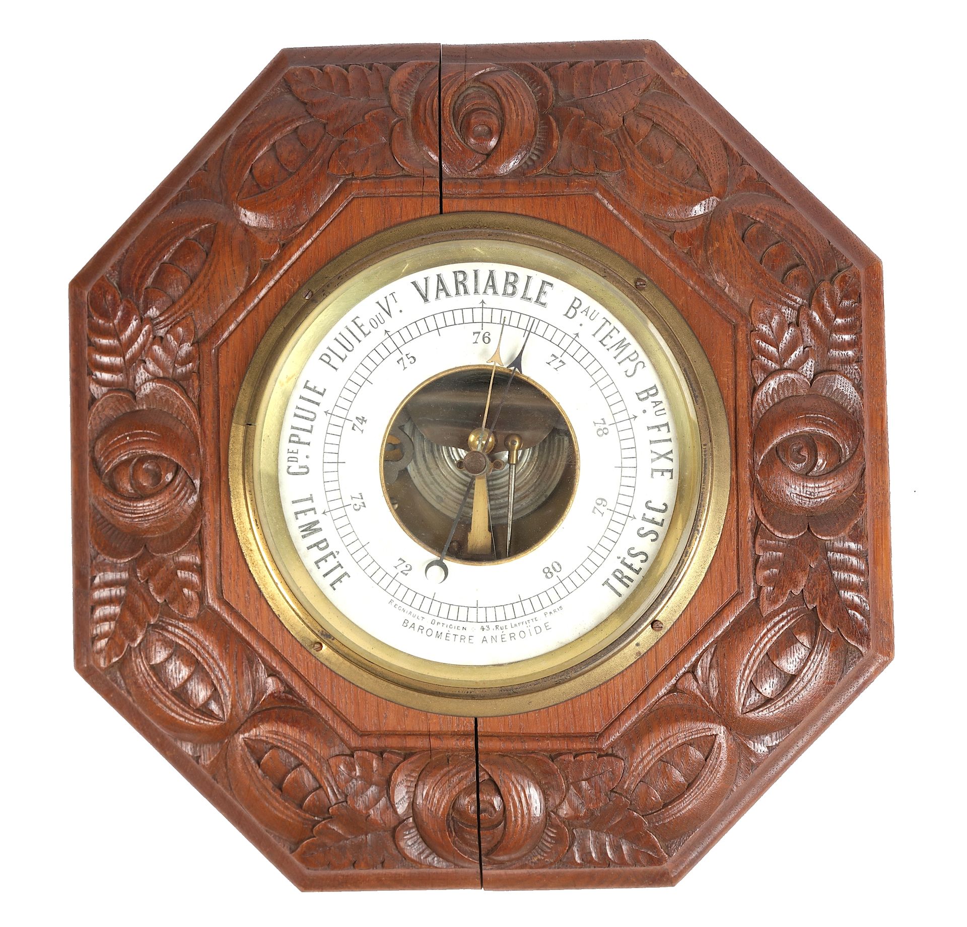 Null Oak barometer with stylized floral decoration, circa 1925. 38X38