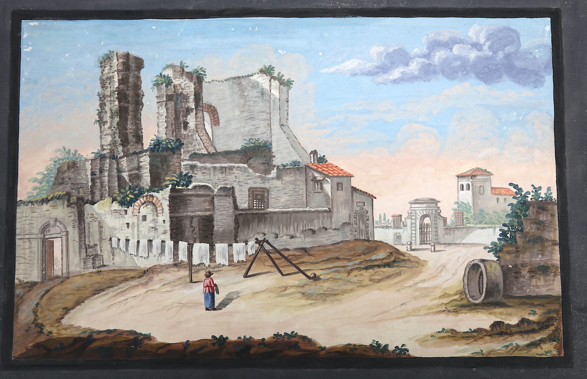 Null ECOLE NAPOLITAINE, linges devant les ruines de Pompéi , 18X29