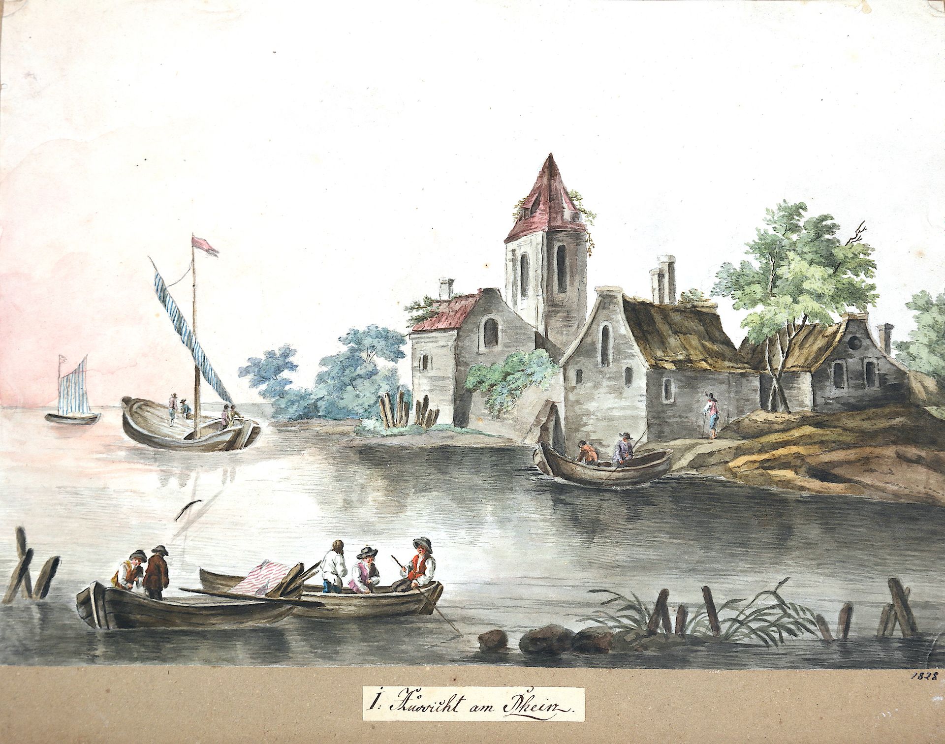 Null SCUOLA TEDESCA, pescatore sul Reno, acquerello, 1828, 20X29