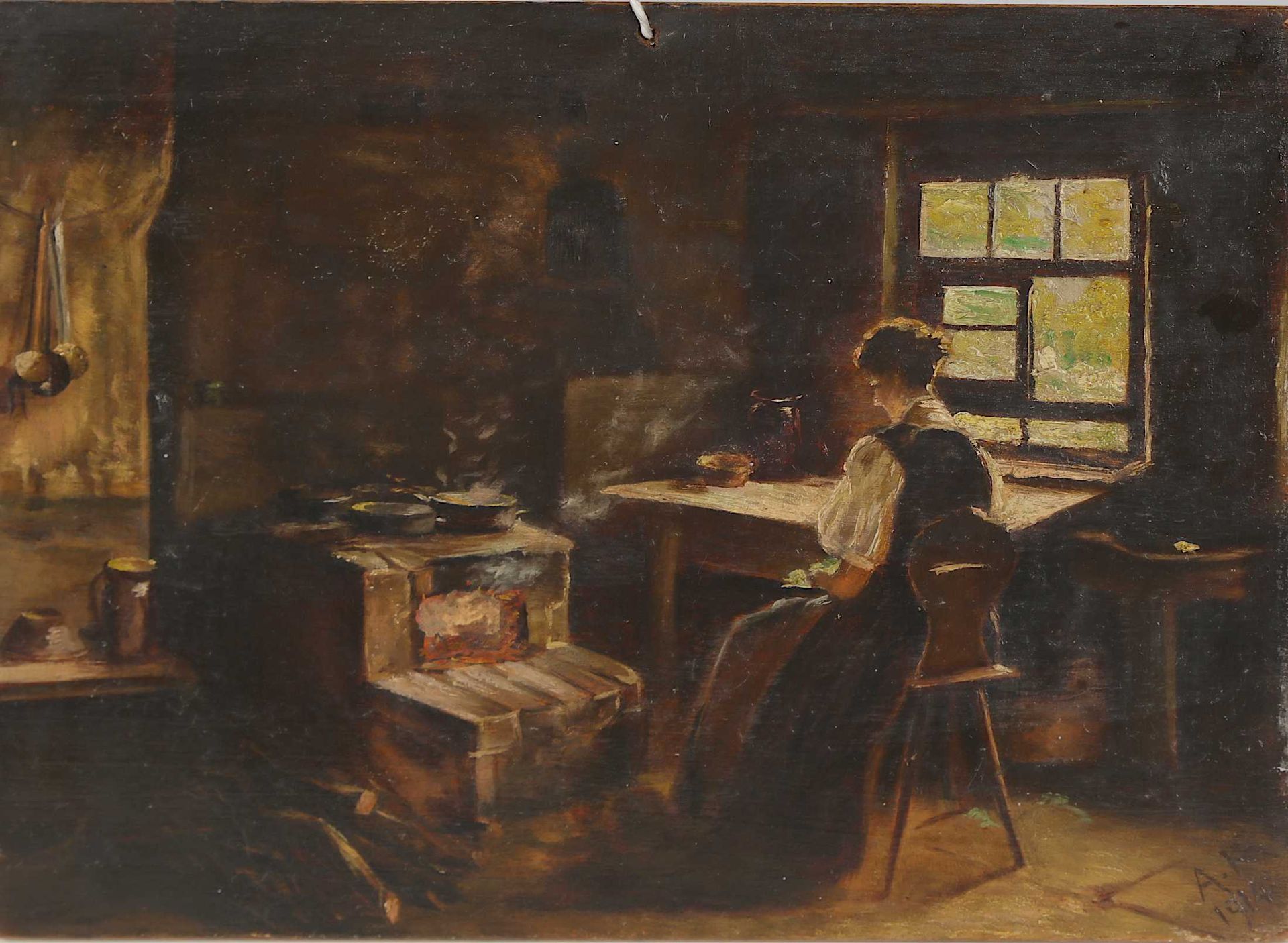 Null A.K, Donna in un interno, olio su pannello, (piercing) mbd,1914, 18X25