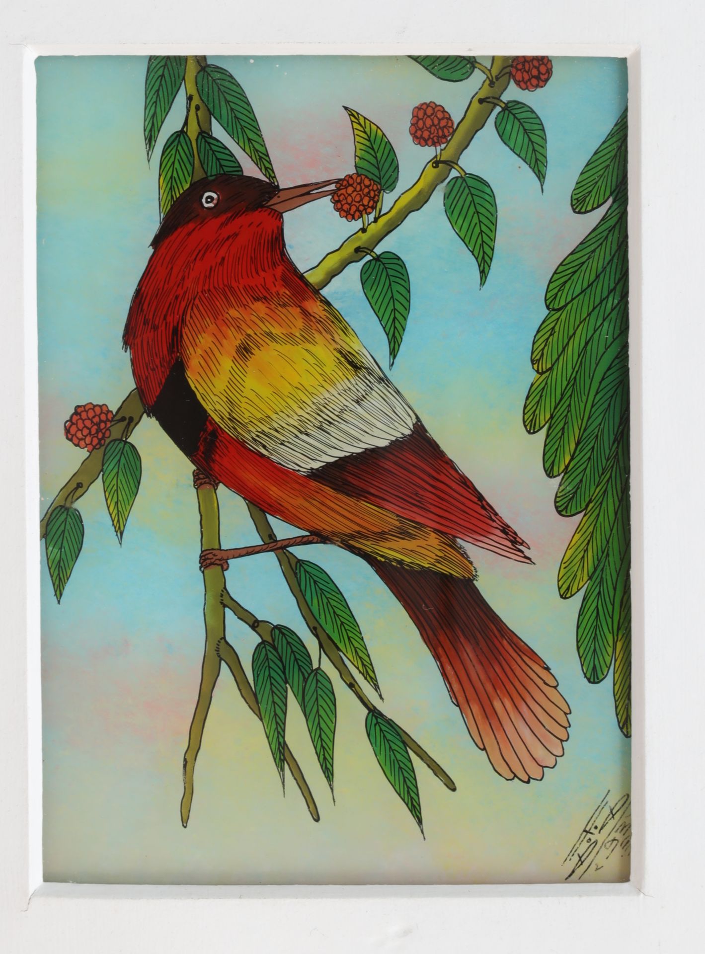 Null 亚洲，鸟在树枝上，装在釉下彩上（背面用油彩画），已签名，23.5X17，（有框架）。