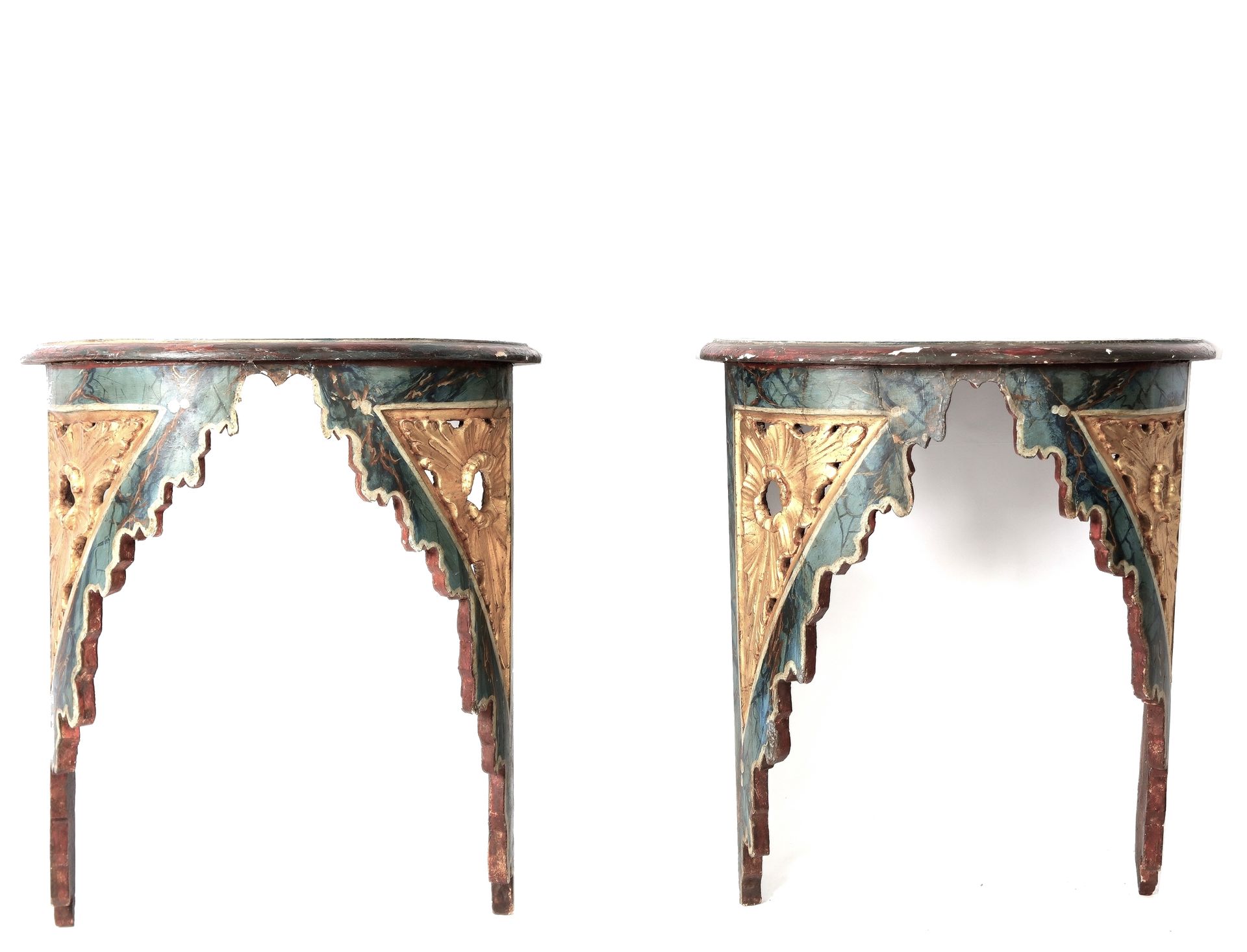 Null Pair of half-moon consoles in wood with a patina imitating green marble, ca&hellip;
