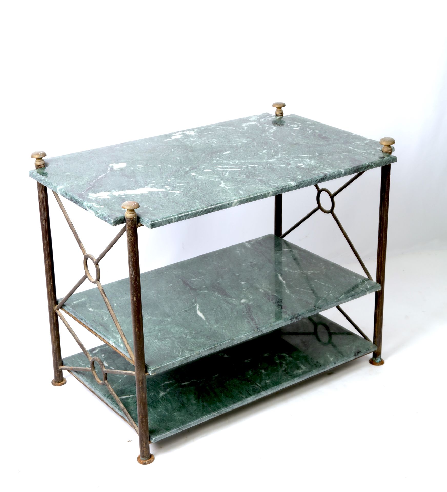 Null 
Table-console en fer forgé, entretoise, trois plateaux en marbre vert anti&hellip;