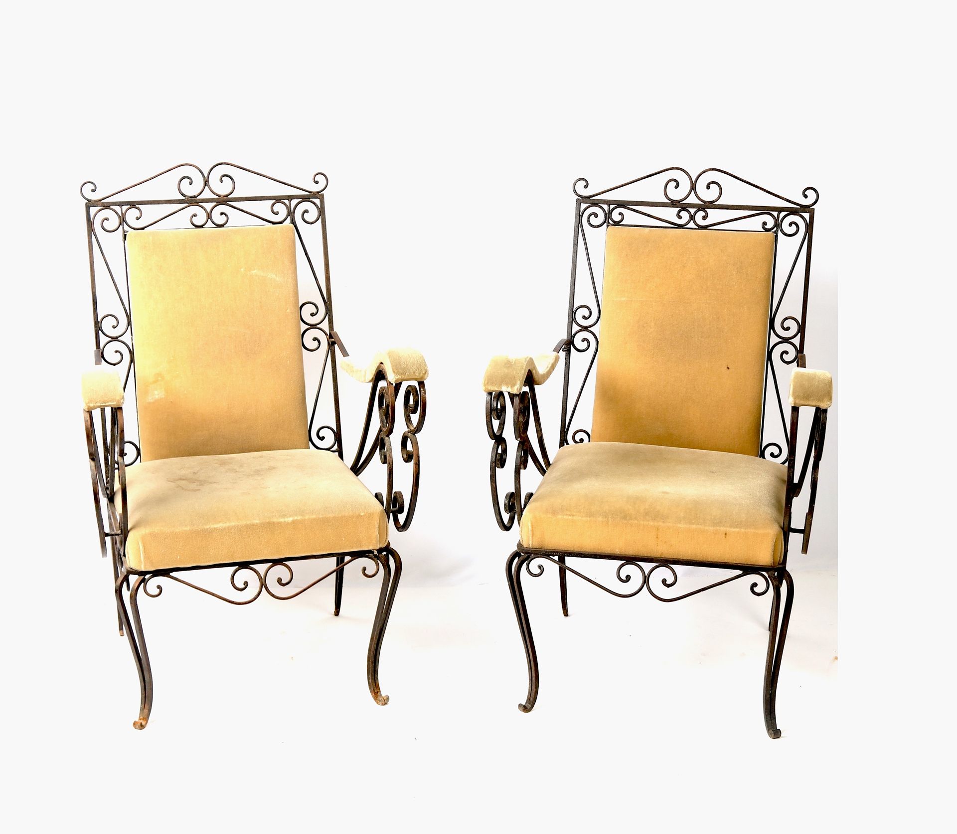 Null Important pair of wrought iron armchairs, fabric seat.97X53X70