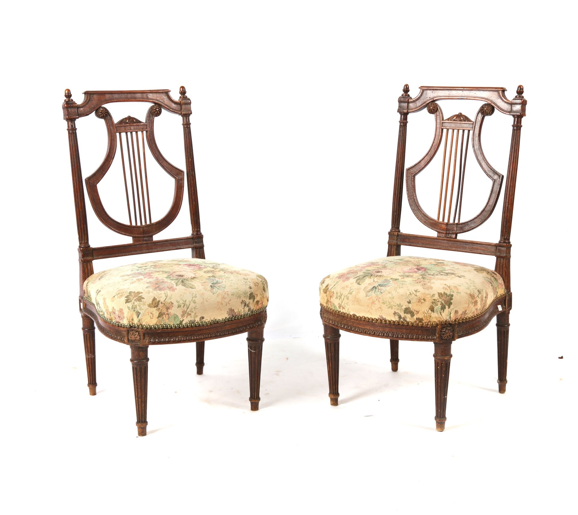 Null Pair of fireplace chairs in natural wood, cane seat, lyre back, Louis XVI p&hellip;