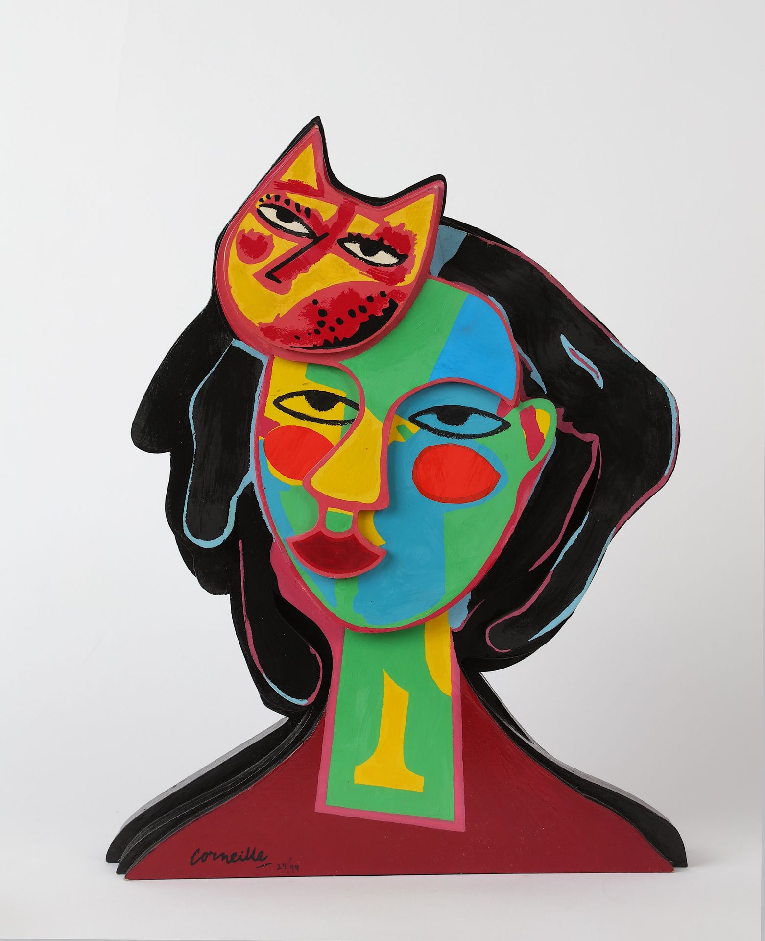 Null CORNEILLE (1922-2000), portrait with cats, multiple, 24/99, painted wood. S&hellip;