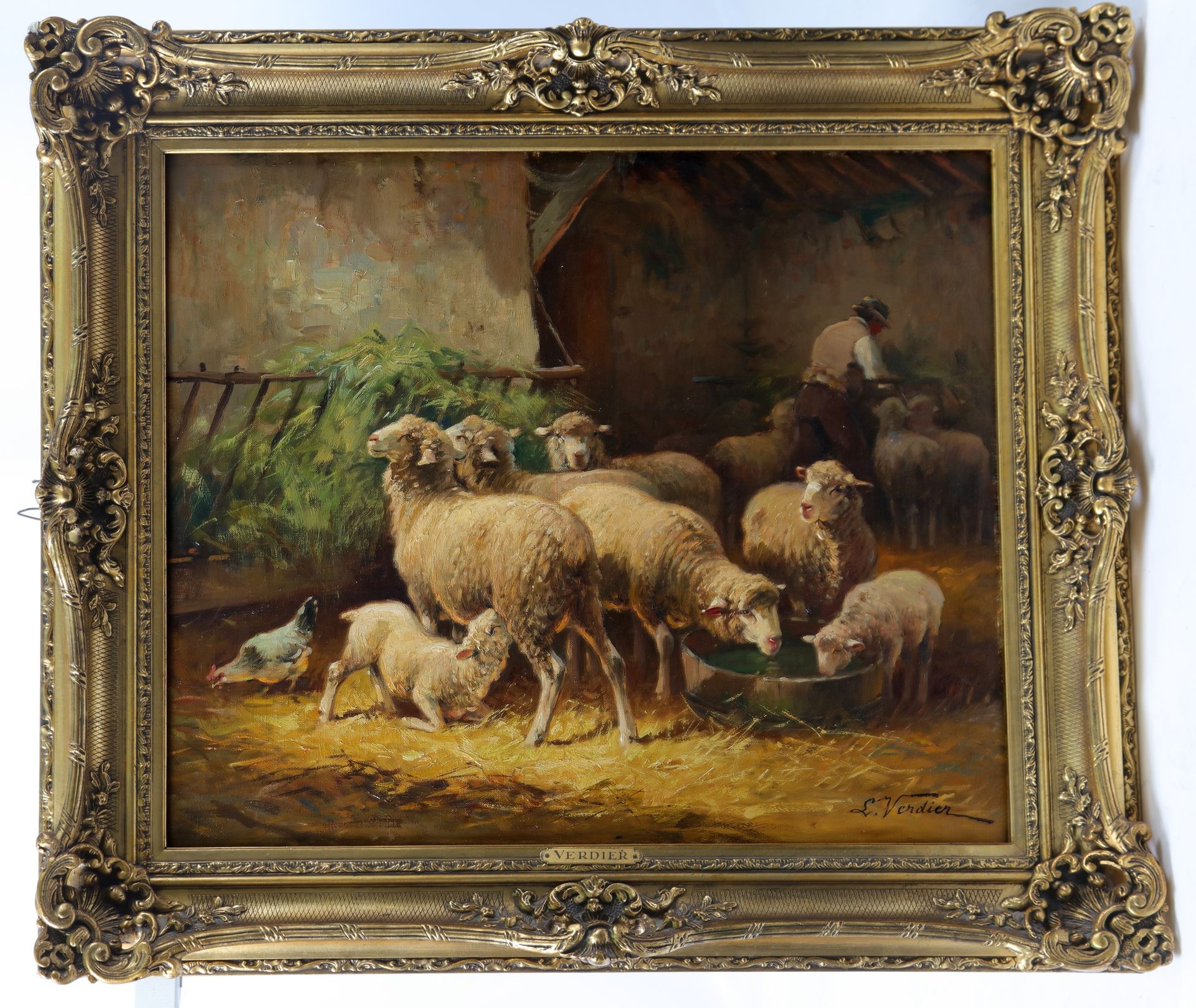 Null Emile VERDIER, Oveja en el establo, óleo sobre lienzo, sbd, 54X65