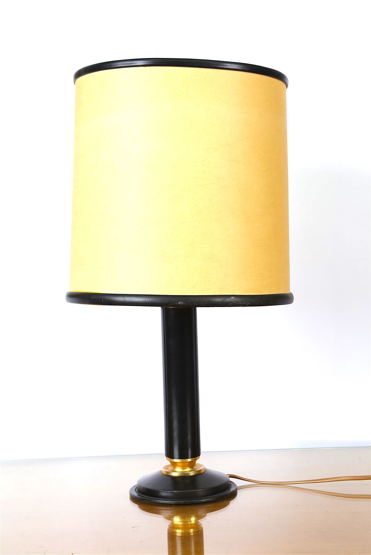 Null 
LE TANNEUR, Desk lamp sheathed in black leather, brass ring, lampshade (in&hellip;