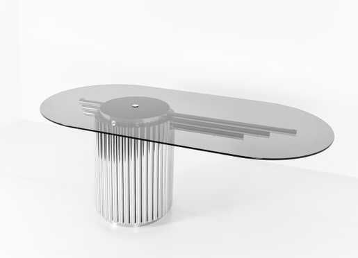Null RINALDI Gastone (att. TO), 重要的办公桌，镀铬管风琴轴，长方形烟熏玻璃桌面。(状况良好)。180X90X72