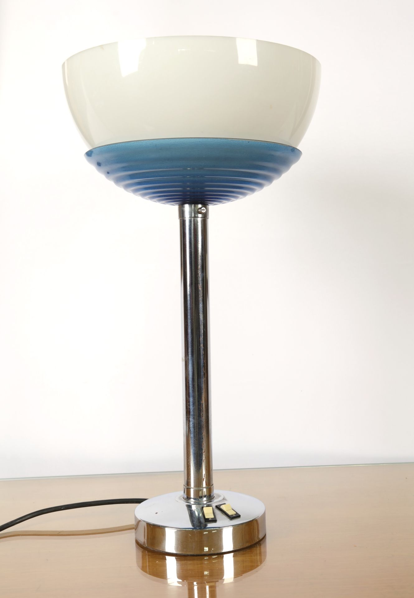Null 
SOLER, Lamp in chromed metal, double shade in blue and opaline plexiglass.