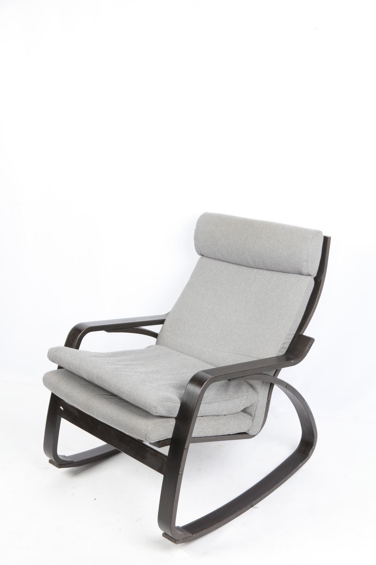 Null fauteuil à bascule en tissu gris, structure en bois verni,67X90X80