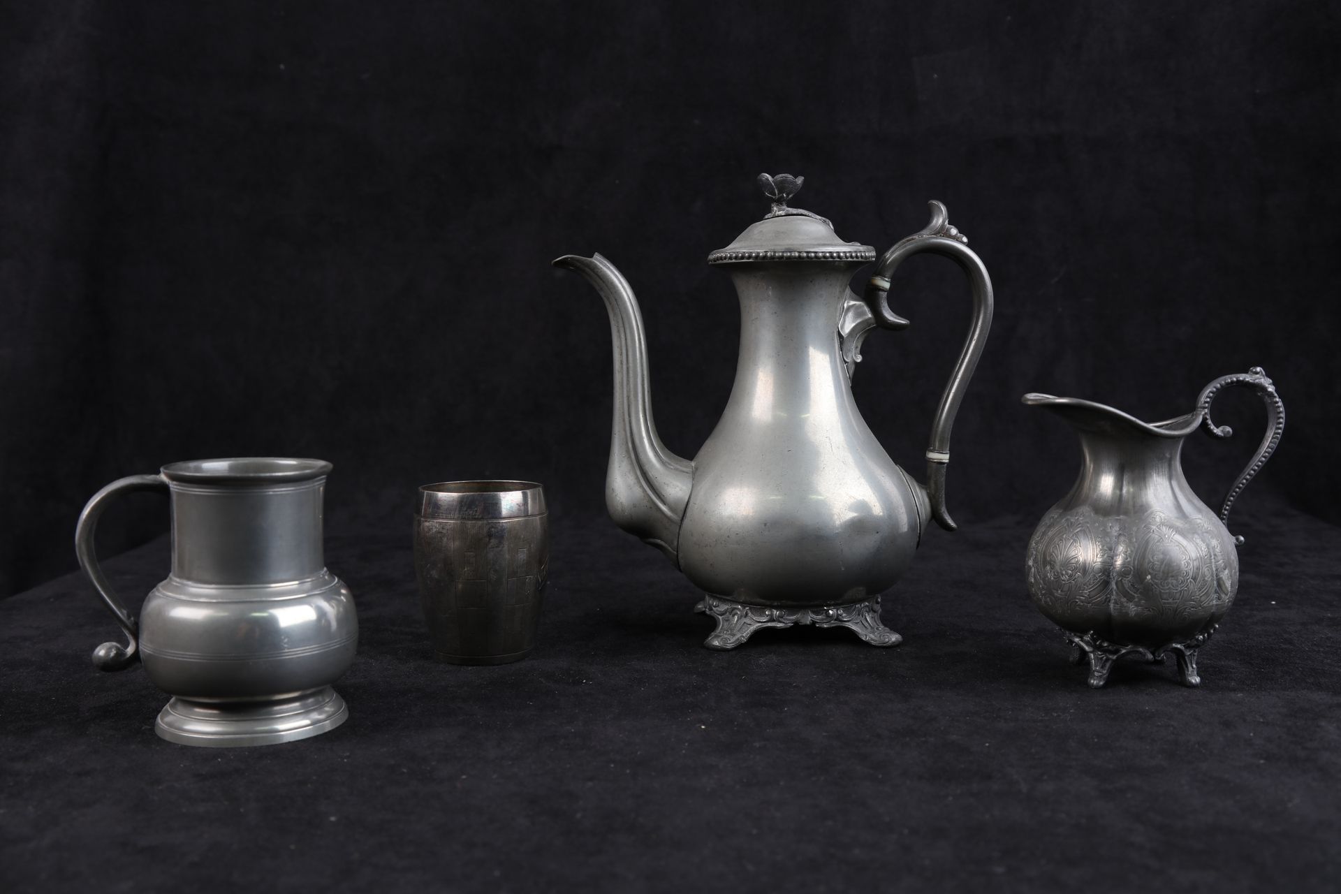Null Teapot and milk pot, pewter pot and silver plated kettle.