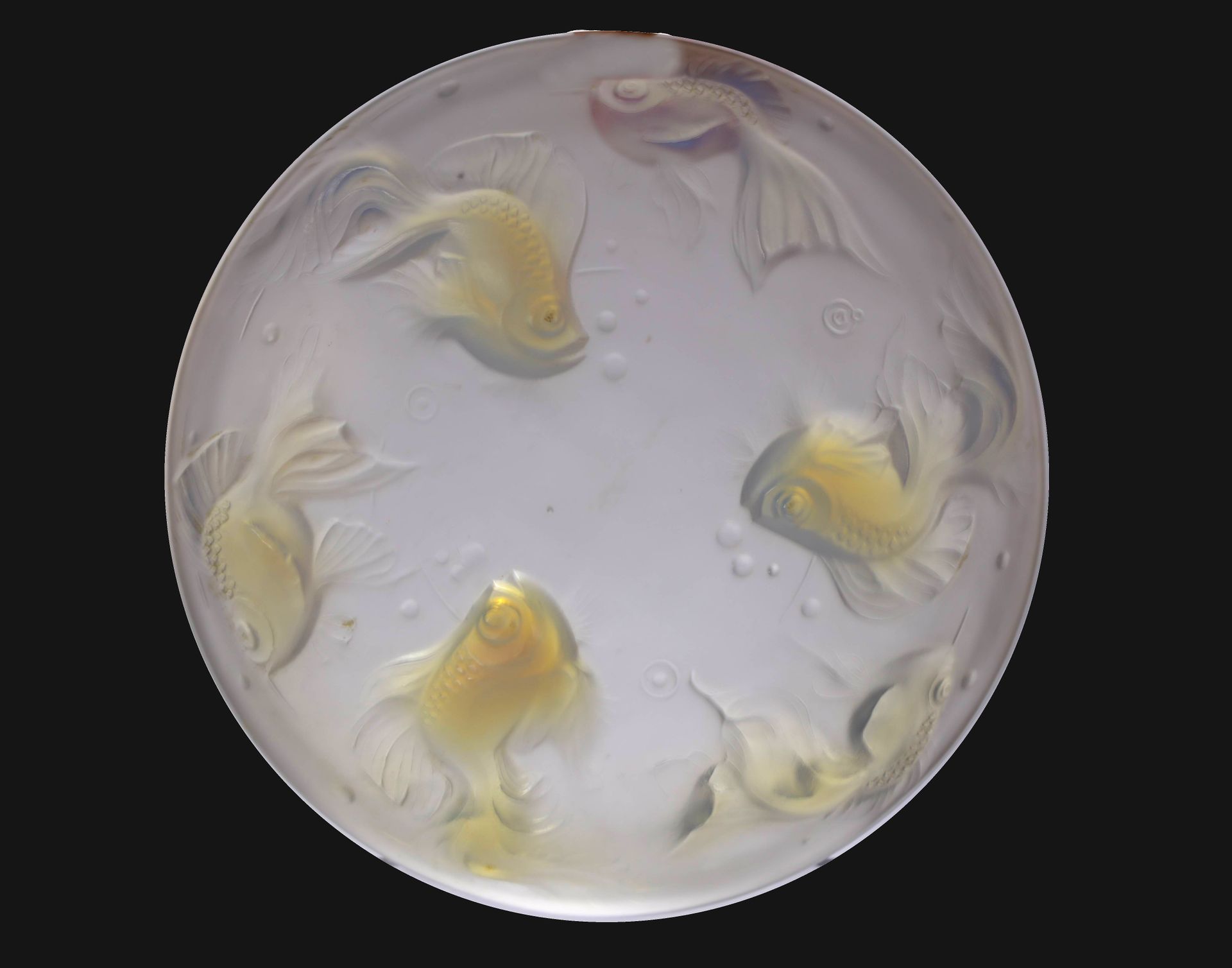 Null SABINO，压制成型的玻璃碗，有日本鱼的乳白色装饰，"Sabino Paris" 29.5/6.5厘米