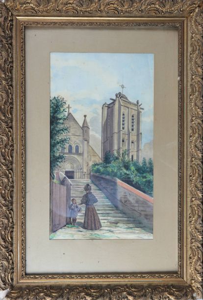 Null DURUY E. Le clocher, aquarelle, sbg, 1890, 64X41