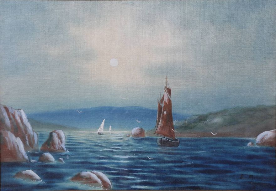 Null L.M, Sailing boats at dusk, gouache, lm, 23X34