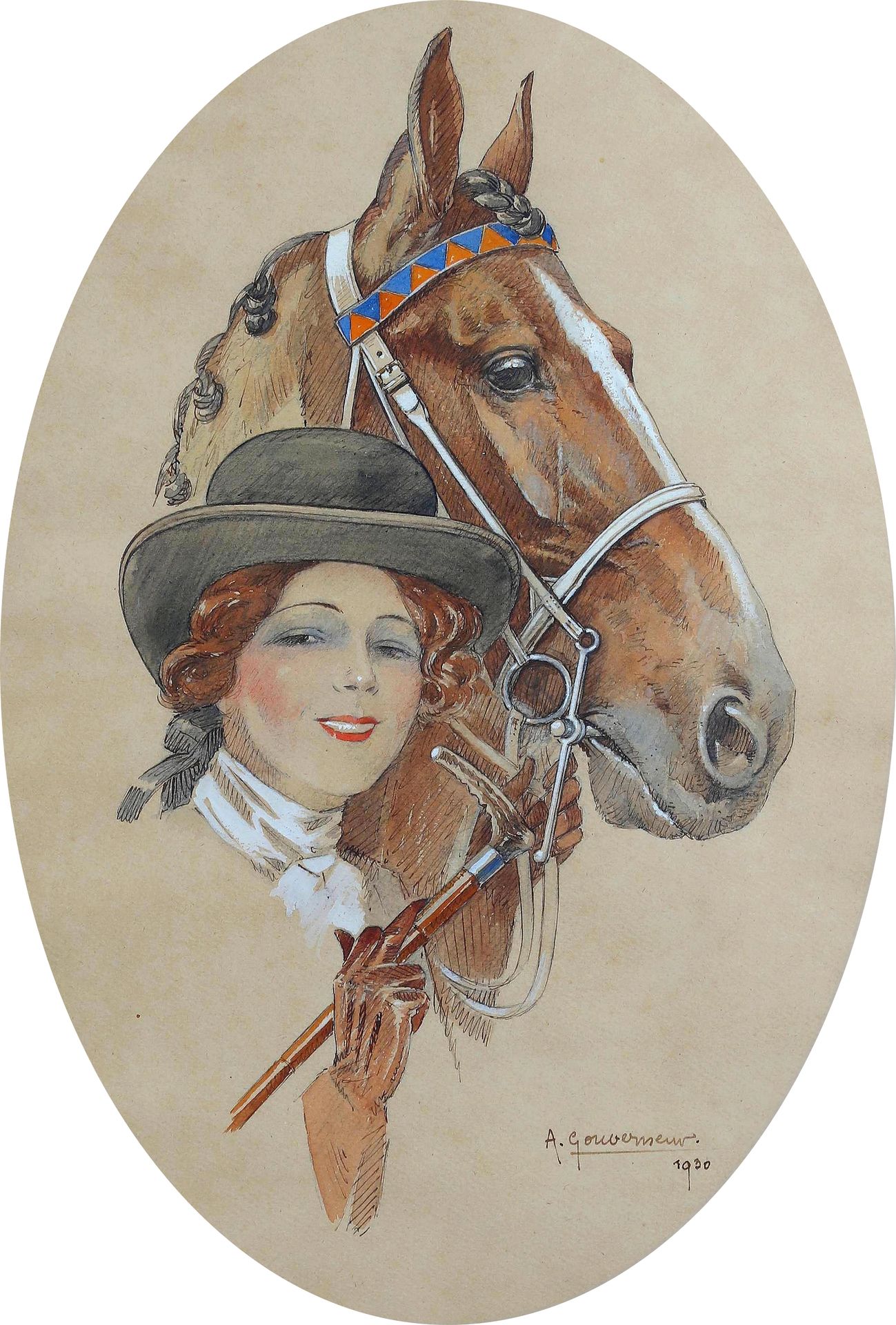 Null GOUVERNEUR Arthur, (生于1852年)，《骑手和她的马》，纸上水彩画，1930年，36X43厘米