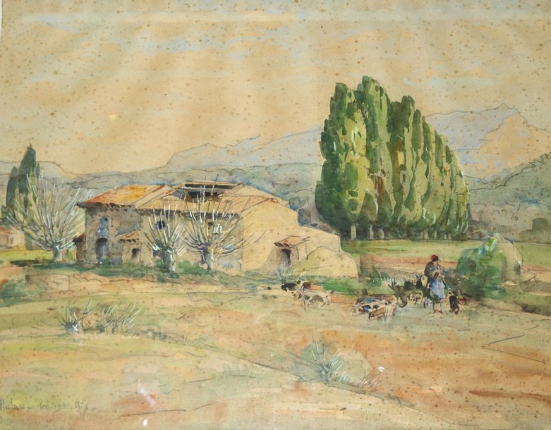 Null CHALLULEAU Marcel Henri Emile (1887-1962)，艾克斯周边的农舍，水彩画，1951年2月, Sbg, 64X50