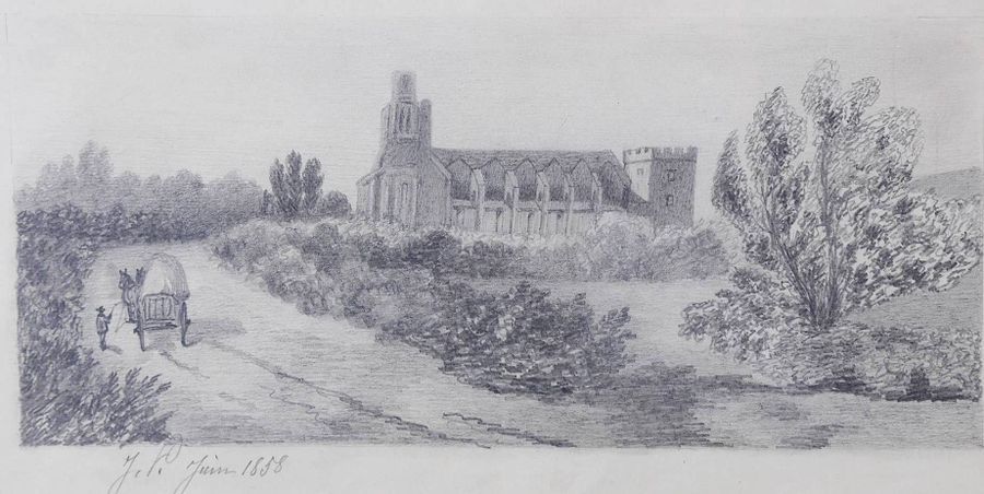 Null JUIN J. (XIX ème s) charrette devant d’église, crayon, sbg, 1878, 12X27