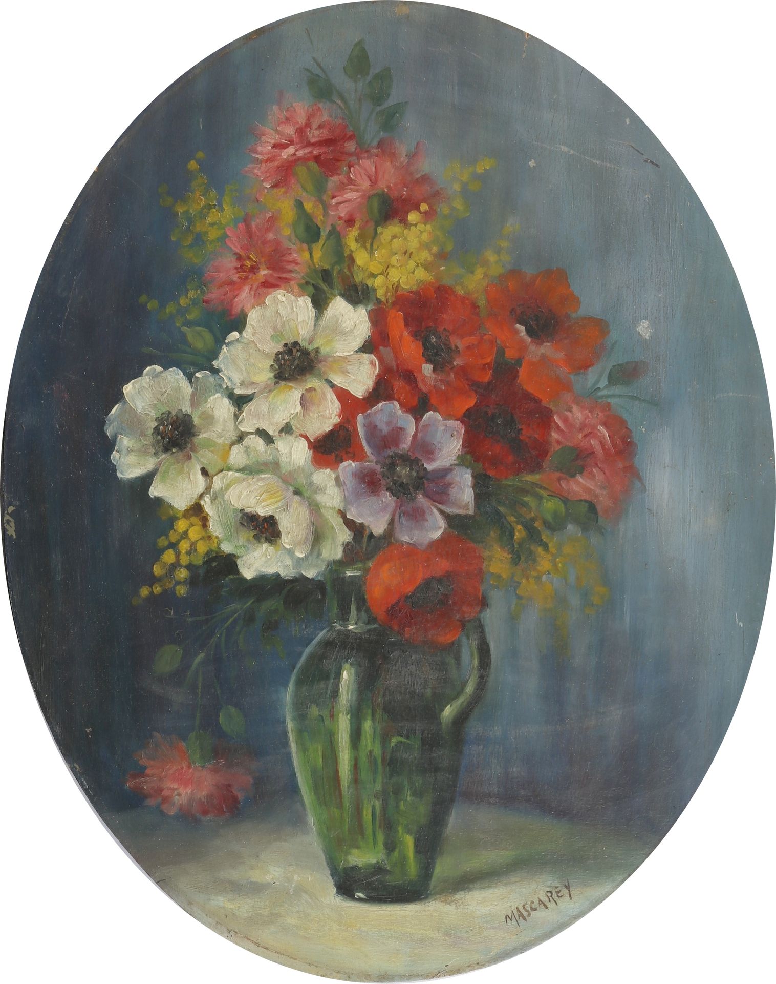 Null MASCAREY, bouquet de fleurs, huile sur panneau de bois, sbd, 50x40cm