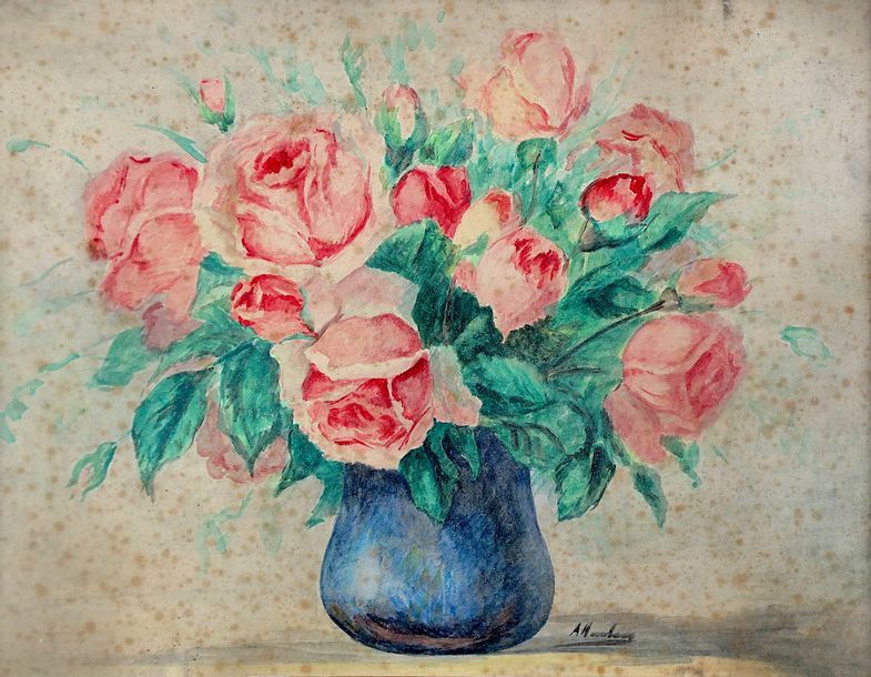 Null A.H, scuola francese, bouquet di fiori, acquerello, sbd, 26X34