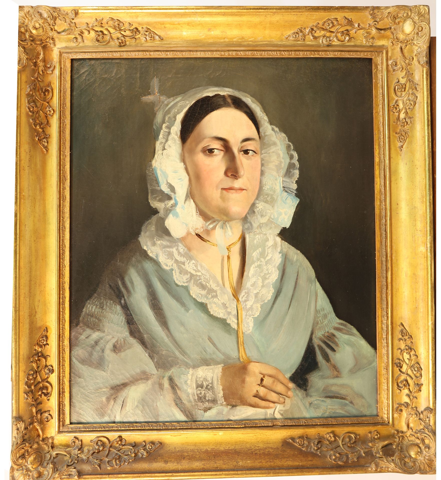 Null ECOLE FRANCAISE du XIX ème s. Portrait de dame en bleue, huile sur toile, (&hellip;