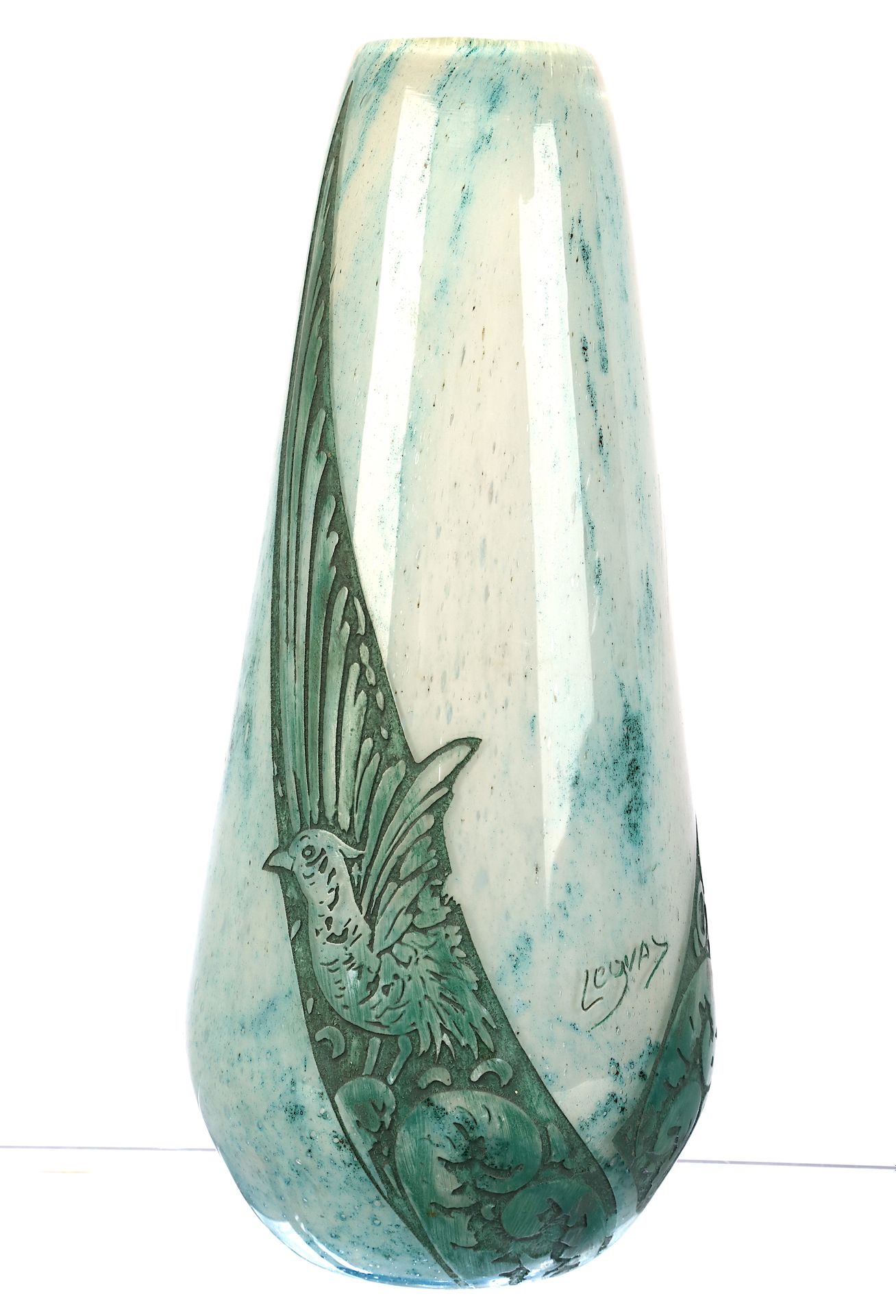 Null LEGRAS，绿色碧玉玻璃大花瓶，几何背景上的鸟的风格化装饰，约1925年，高33厘米