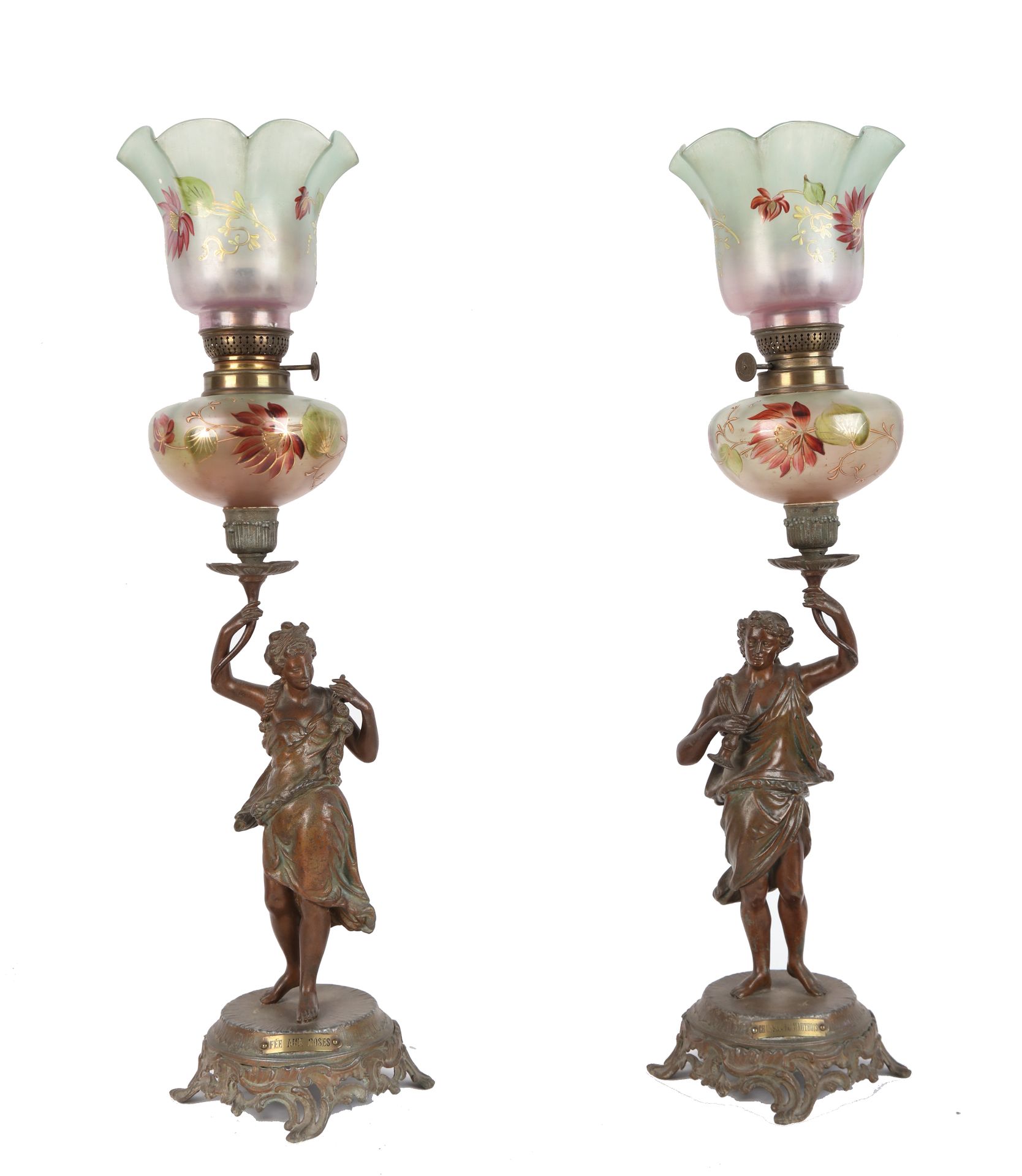 Null Pair of oil lamps, bowl and glass cup with painted floral decoration and fi&hellip;