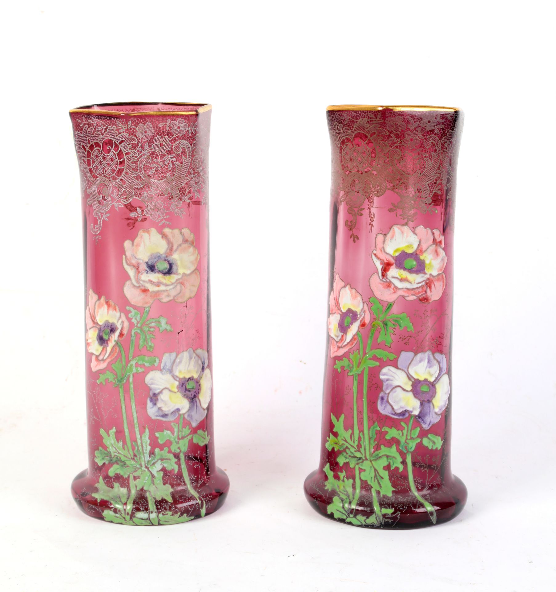 Null LEGRAS (Verrerie de Saint-Denis), pair of vases in violet glass and enamell&hellip;