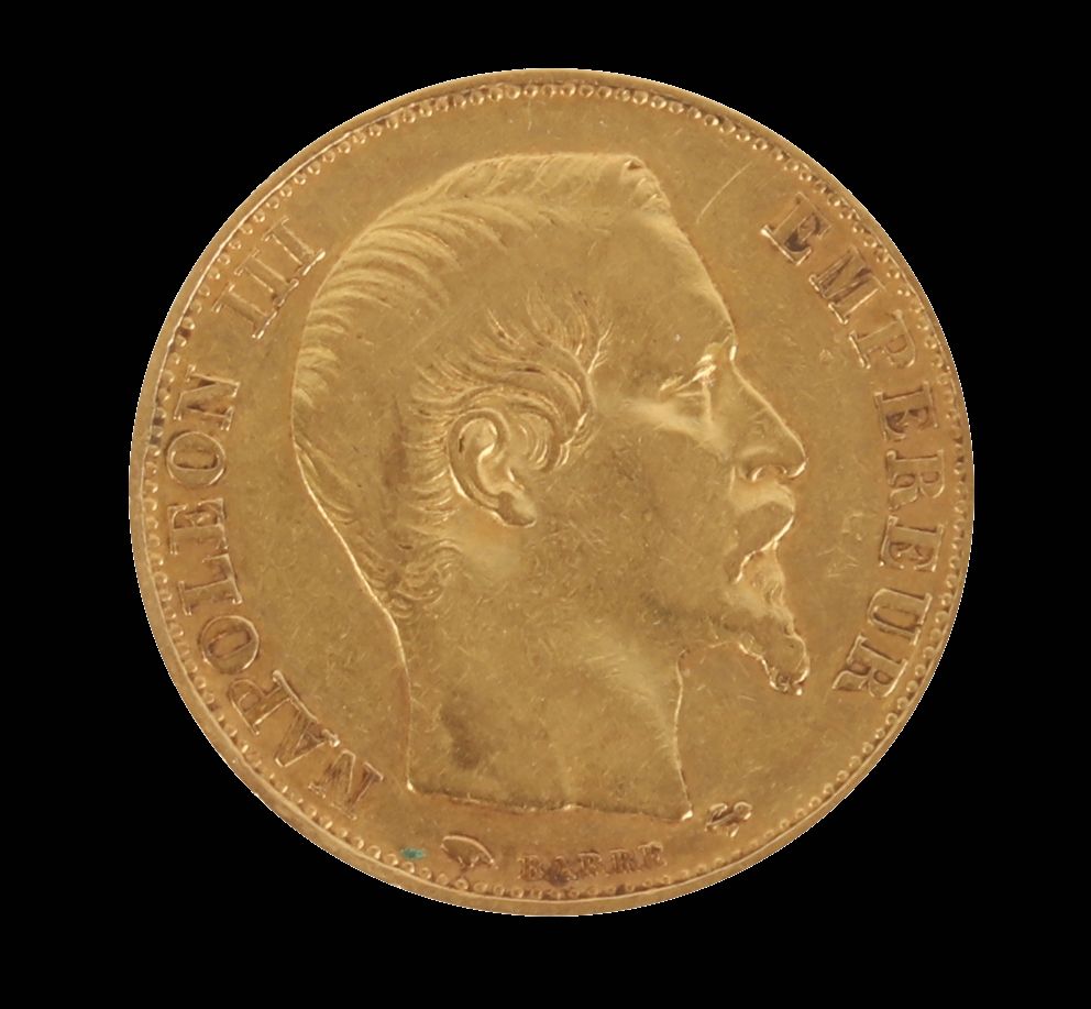Null 
20-Franc-Goldmünze ,Napoleon III, aus Gold, 1855, Gewicht: 6,45 g