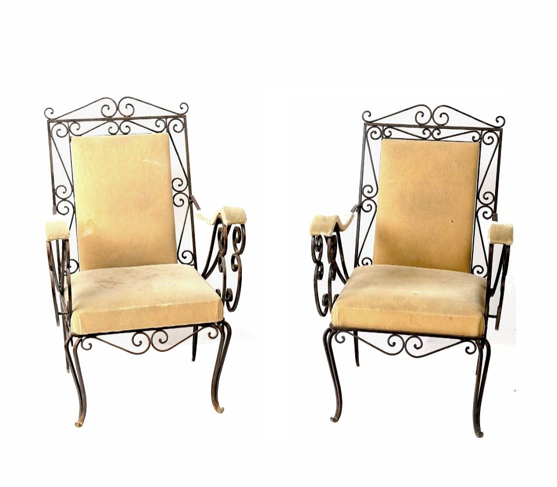 Null Important pair of wrought iron armchairs, fabric seat.97X53X70