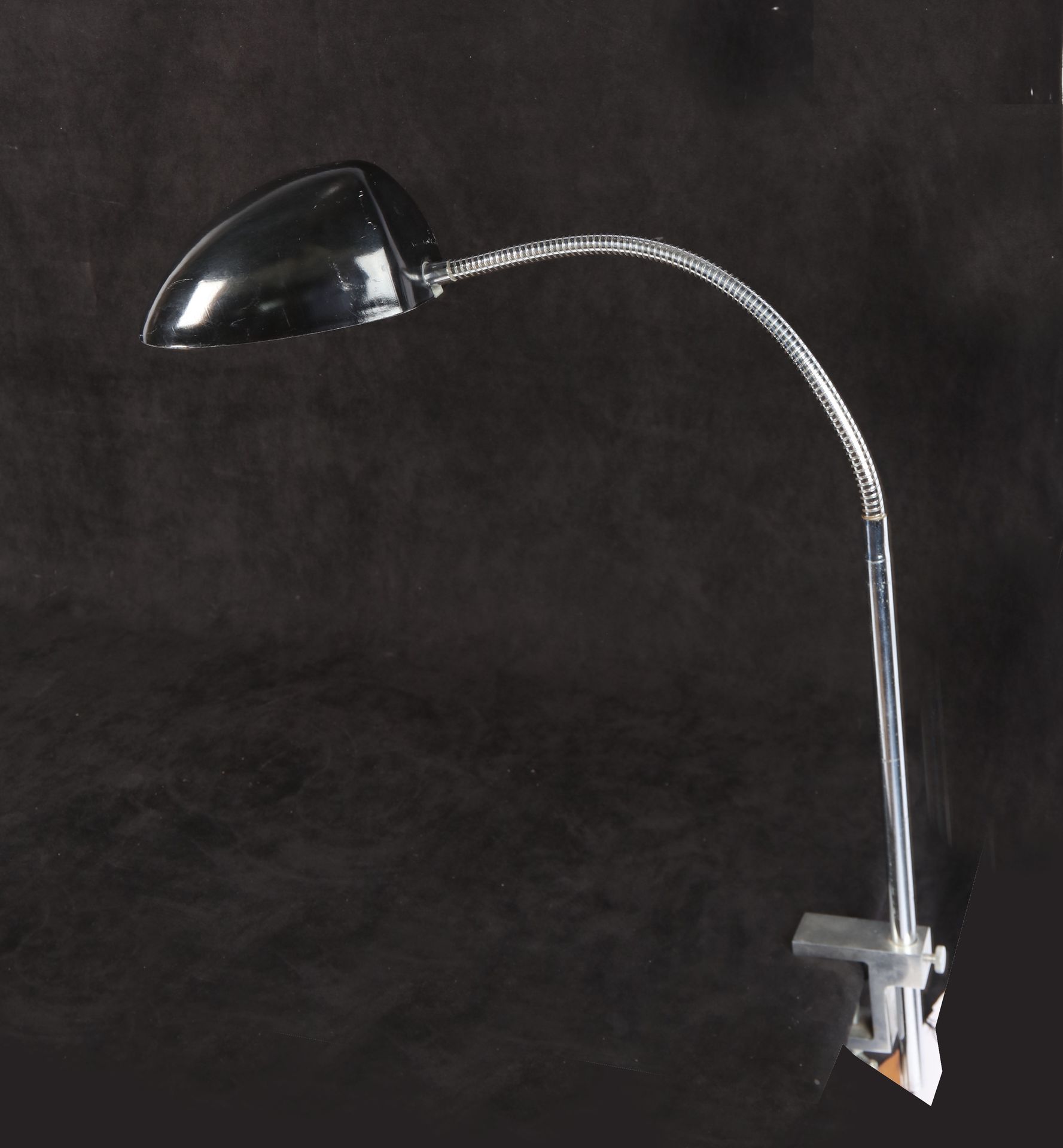 Null Workshop lamp, flexible form, crocodile clip, black metal reflector, ht: 72