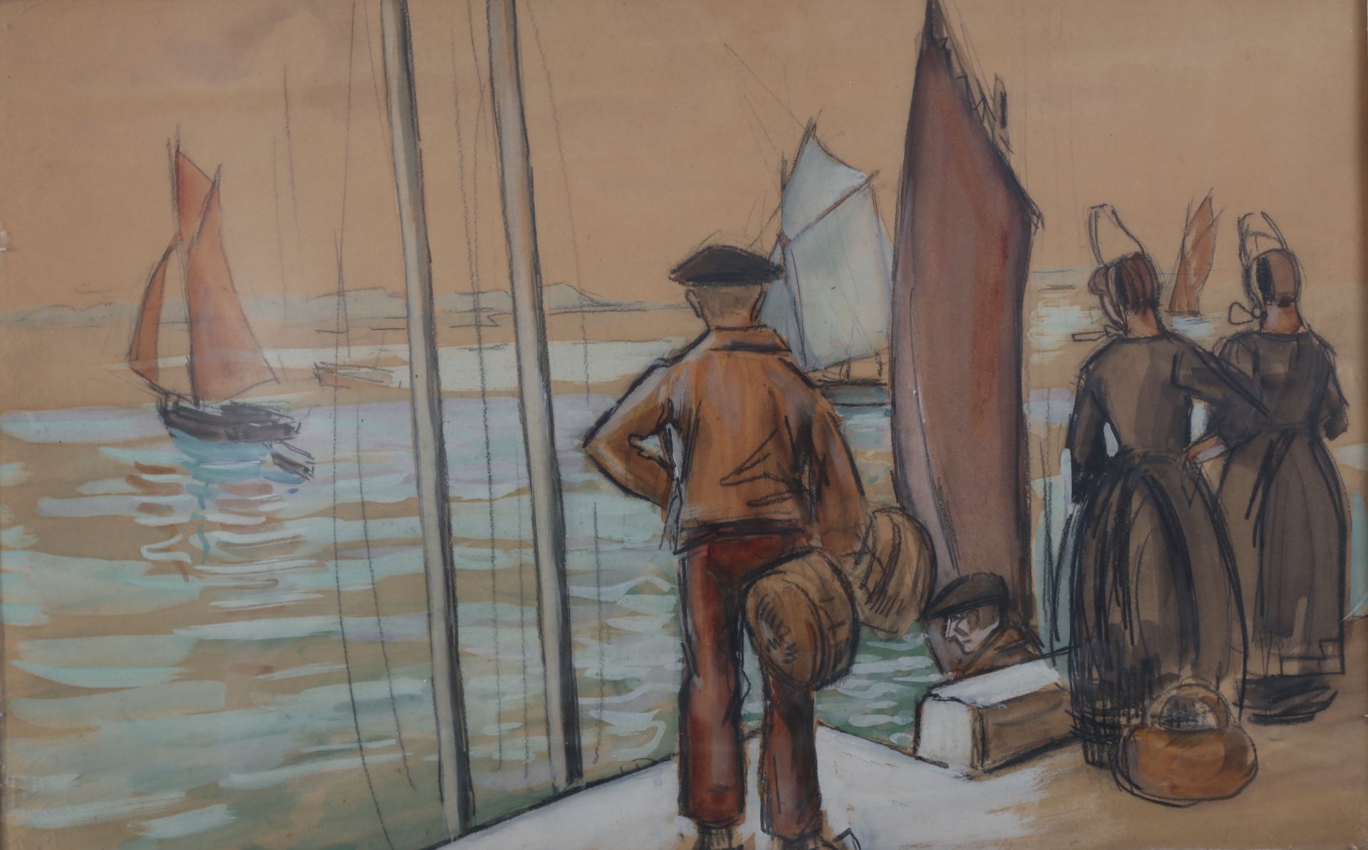 Null ECOLE BRETONNE, départ des marins, aquarelle, sbd, 46X30