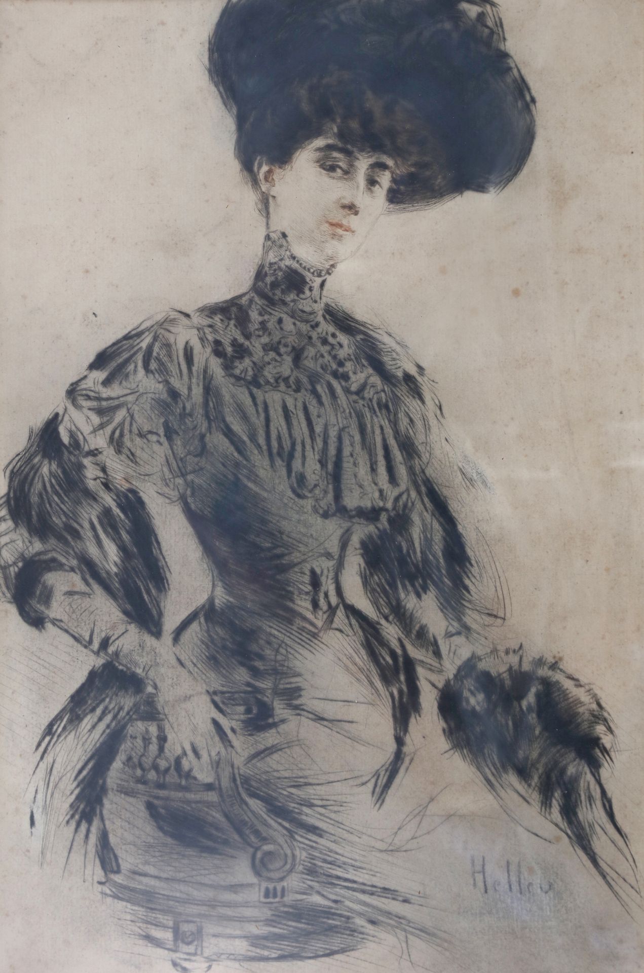 Null HELLEU Paul César (1859 - 1927)，女人的肖像，石版画，31X22。