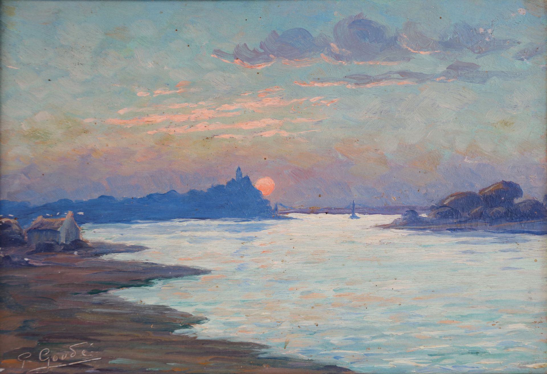 Null GOUDE G. 海边的黄昏，布列塔尼，厚纸板上的油画，sbg，16X23