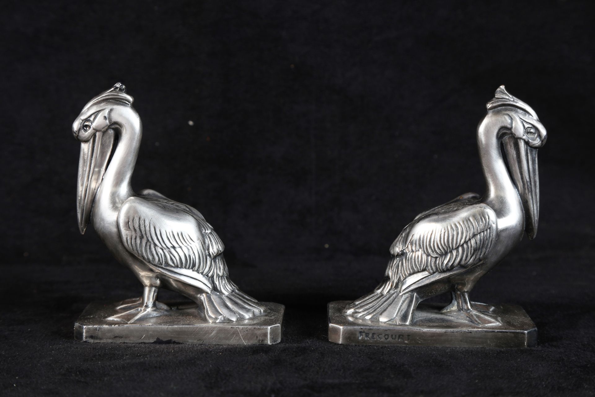 Null FRECOURT, pair of pelicans, silver plated, 11X10X5