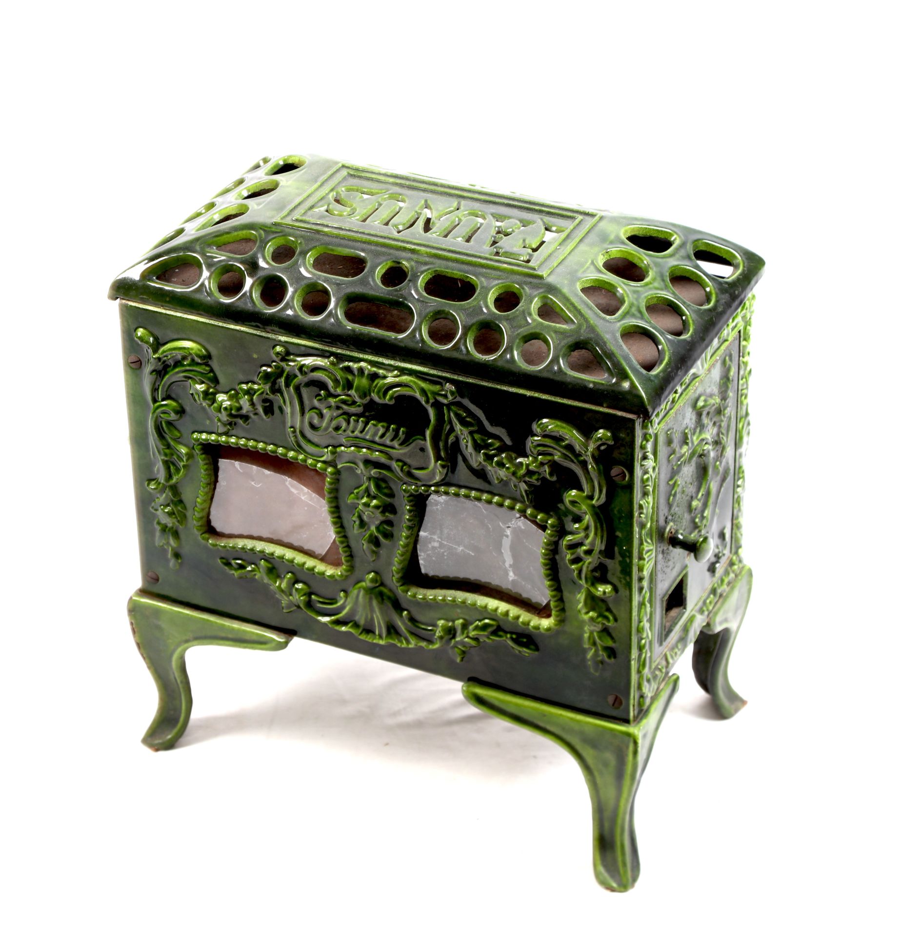 Null FAUNUS, lovely cast iron stove enamelled green, 45X25X50